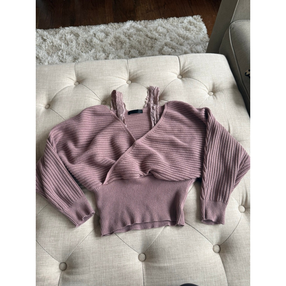 Women's Mauve V-Neck Cropped Sweater S